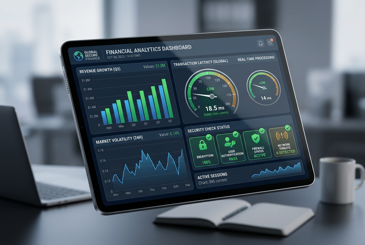 Moderní analytický panel sledující finanční transakce a zabezpečení